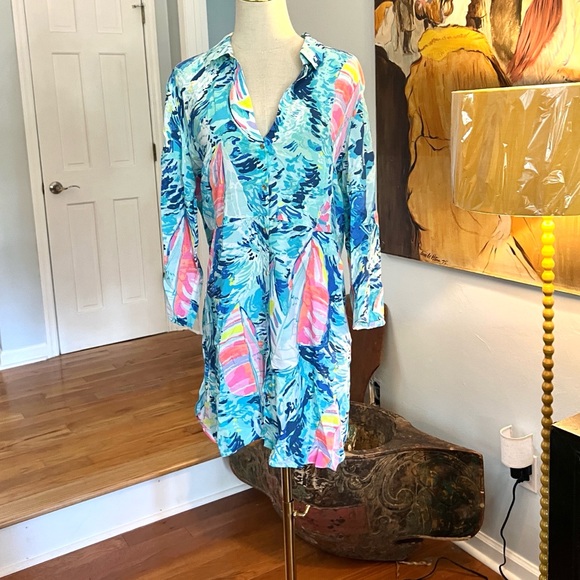 Auth,Lilly Pulitzer,Tunic Dress Pocket Cotton Voile Resort  Coastal Print,Size M - Picture 8 of 9